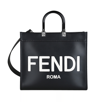 FENDI Sunshine燙印LOGO皮革中型手提肩背包(黑x白)