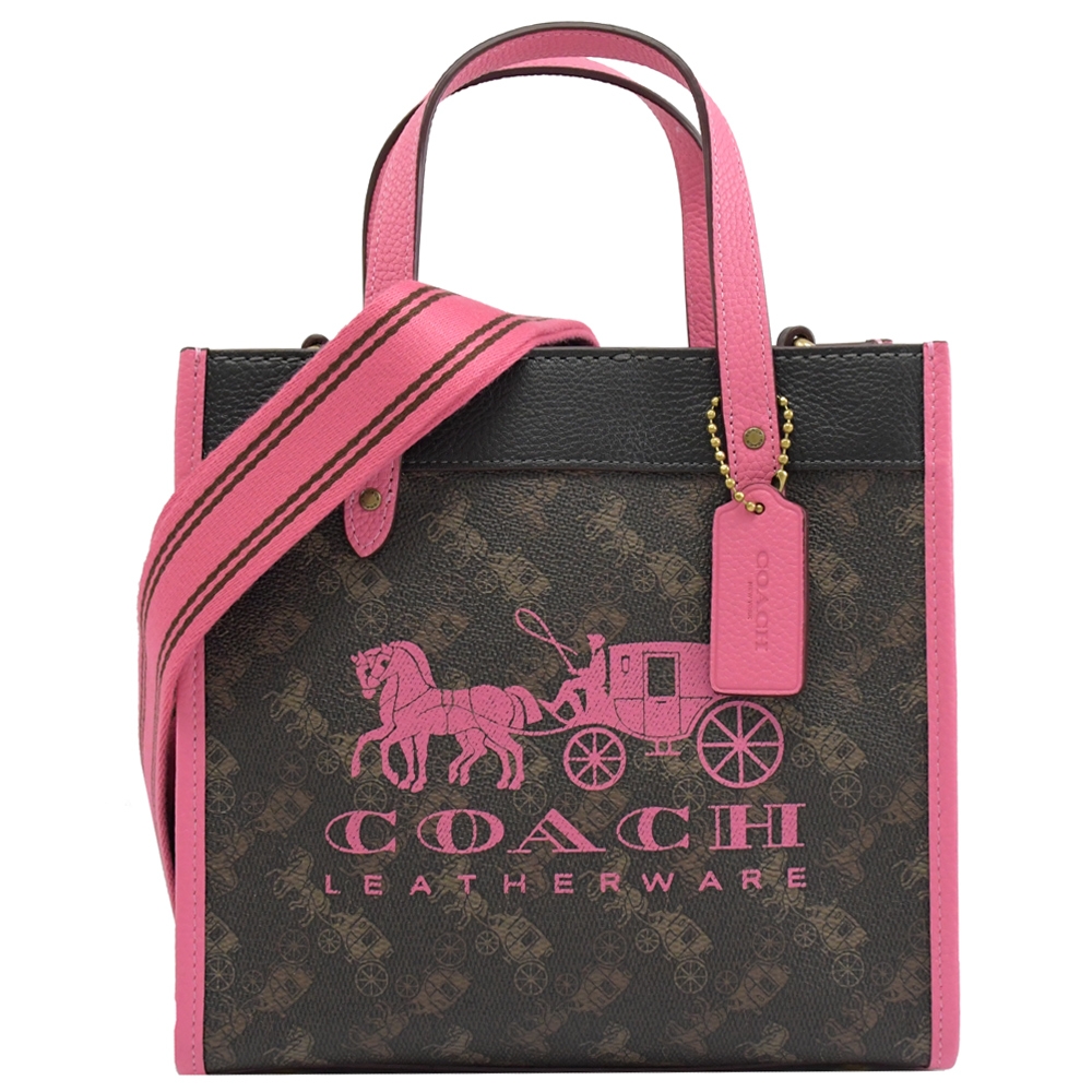 COACH FIELD 22 經典織布印花LOGO寬背帶兩用小托特包(深咖/桃)