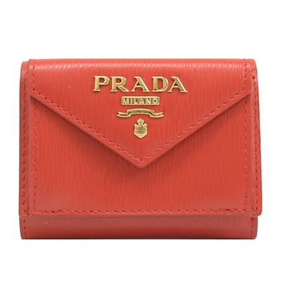 PRADA 金屬LOGO水波紋信封式三折短夾(紅)