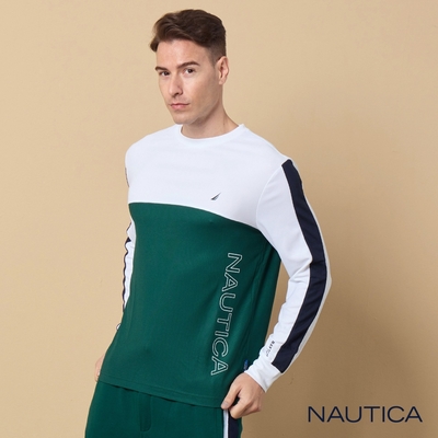 Nautica 男裝 品牌LOGO拼接吸濕排汗長袖T恤-綠