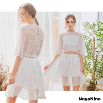 Naya Nina 雪白蕾絲美背綁帶套裝式居家洋裝睡衣-白F