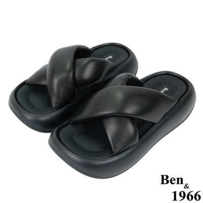 Ben&1966高級柔軟綿羊皮交叉帶厚底涼拖鞋-黑(236511)