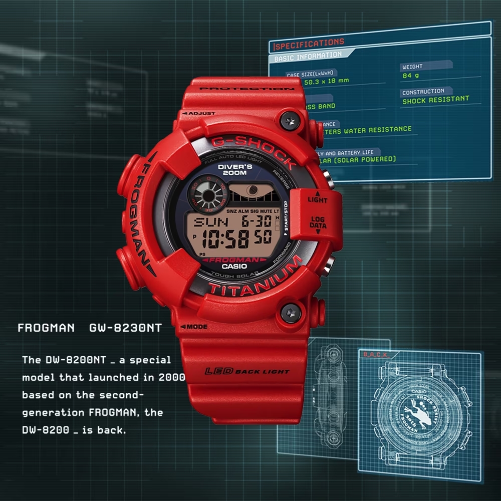 CASIO 卡西歐  G-SHOCK 太陽能電力 30周年慶 搶眼紅蛙人 潛水級防水 GW-8230NT-4_50.3mm