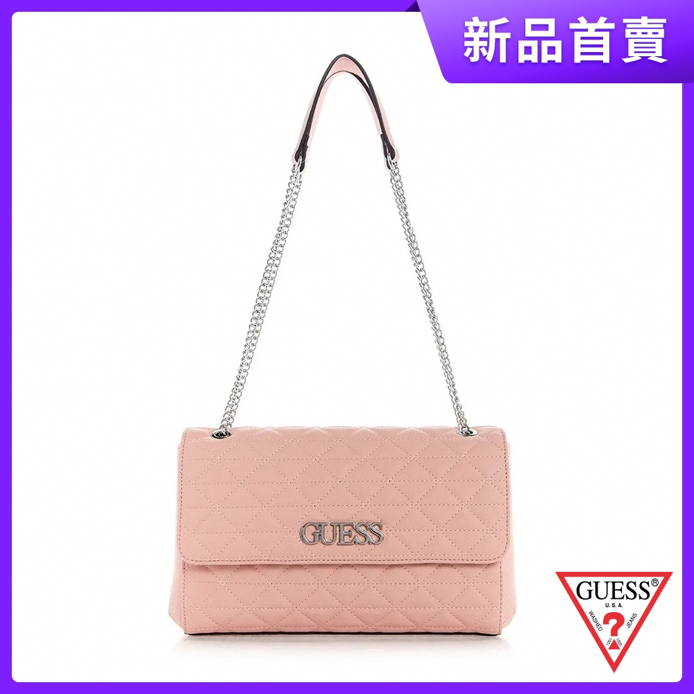 GUESS-女包-純色皮質三角斜紋鏈帶包-粉 原價3290