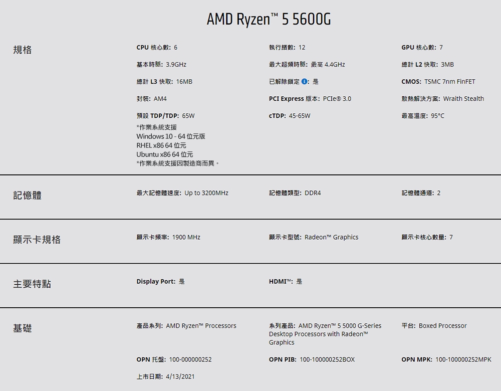 AMD Ryzen 5-5600G 3.9GHz 6核心中央處理器(內附風扇) | CPU中央處理器