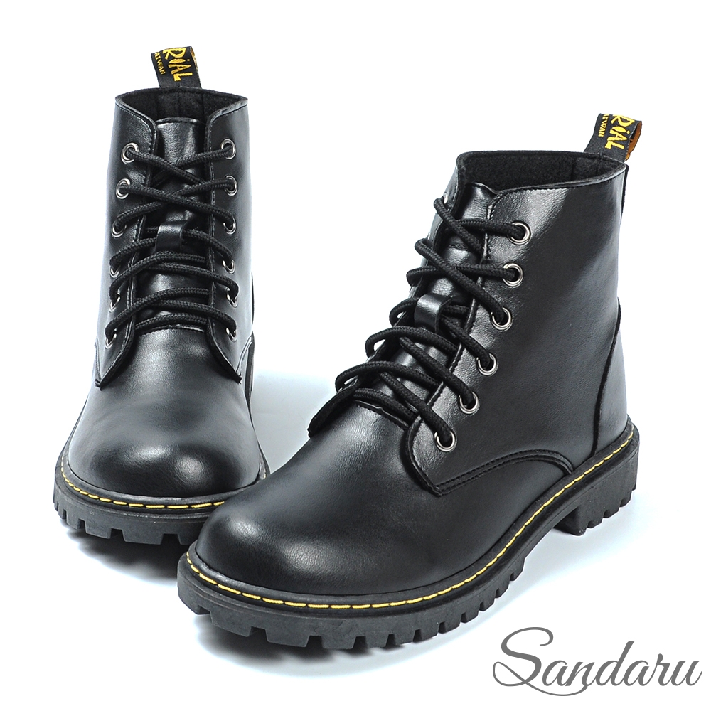 (時尚美靴)山打努SANDARU-馬丁靴 綁帶圓頭皮革短靴-黑