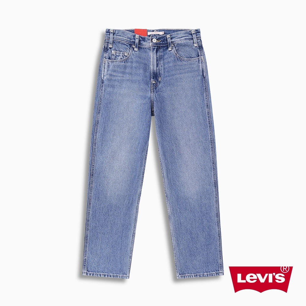 Levis Red 工裝手稿風復刻再造 女款 復古中腰直筒牛仔寬褲 精工中藍染水洗 寒麻纖維