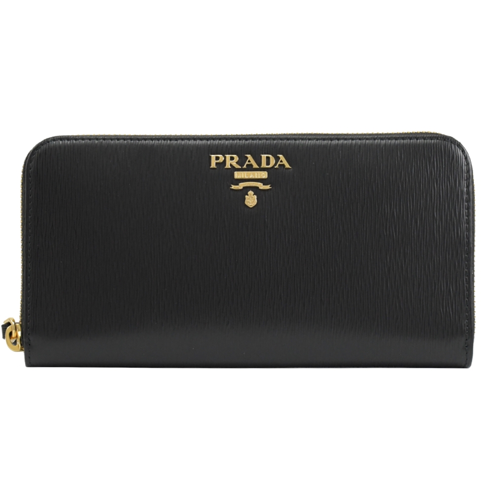 PRADA 金屬LOGO水波紋ㄇ字拉鍊長夾(黑)