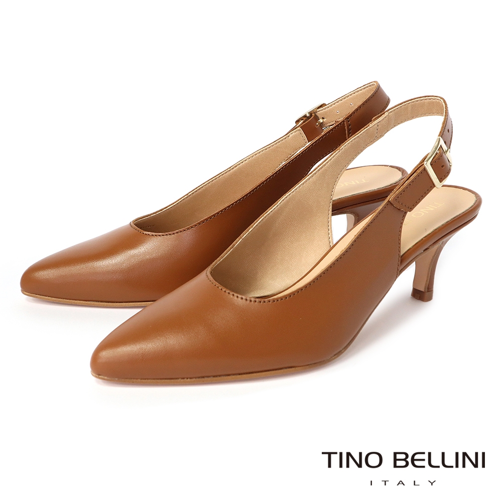 Tino Bellini 義大利進口牛皮尖頭後釦帶6.5CM跟鞋_駝