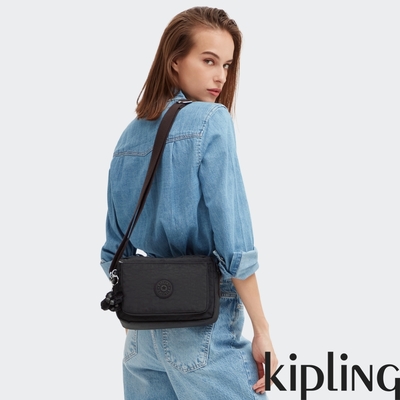 Kipling 曜岩黑品牌經典圓標多層隨身斜背包-ABANU M