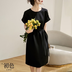 初色 輕奢圓領綁帶純色連衣裙短袖連身洋裝-共2色-67891(M-XL可選)