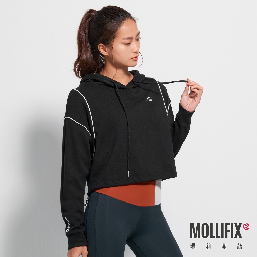 Mollifix 瑪莉菲絲 TRULY鑲邊連帽抽繩長袖上衣 (黑) 暢貨出清、瑜珈服、帽T、大學T