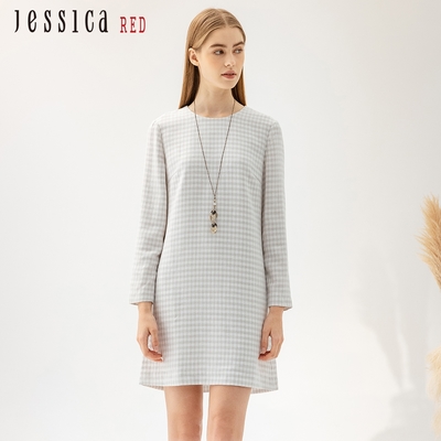 JESSICA RED - 知性優雅格紋花呢修身長袖洋裝824176（白）