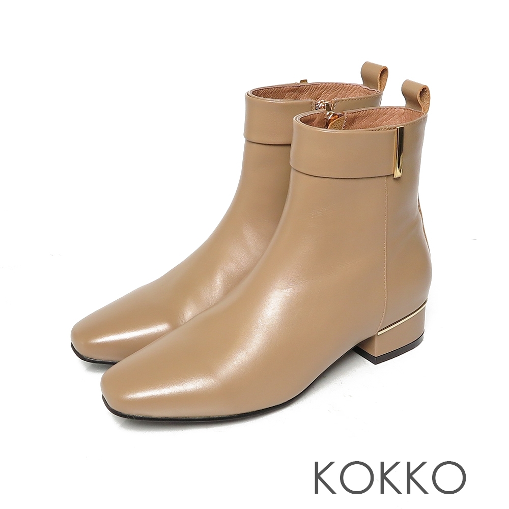 KOKKO時髦方頭小牛皮側拉鍊跟短靴淺奶茶色