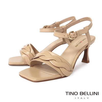 Tino Bellini 巴西進口牛皮優雅弧線繫踝高跟涼鞋-米