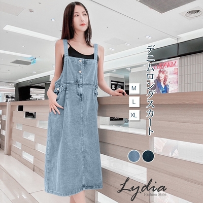 【Lydia】現貨 部落客推薦款 牛仔吊帶長裙 寬鬆顯瘦 休閒百搭出遊(淺藍/深藍 M.L.XL)