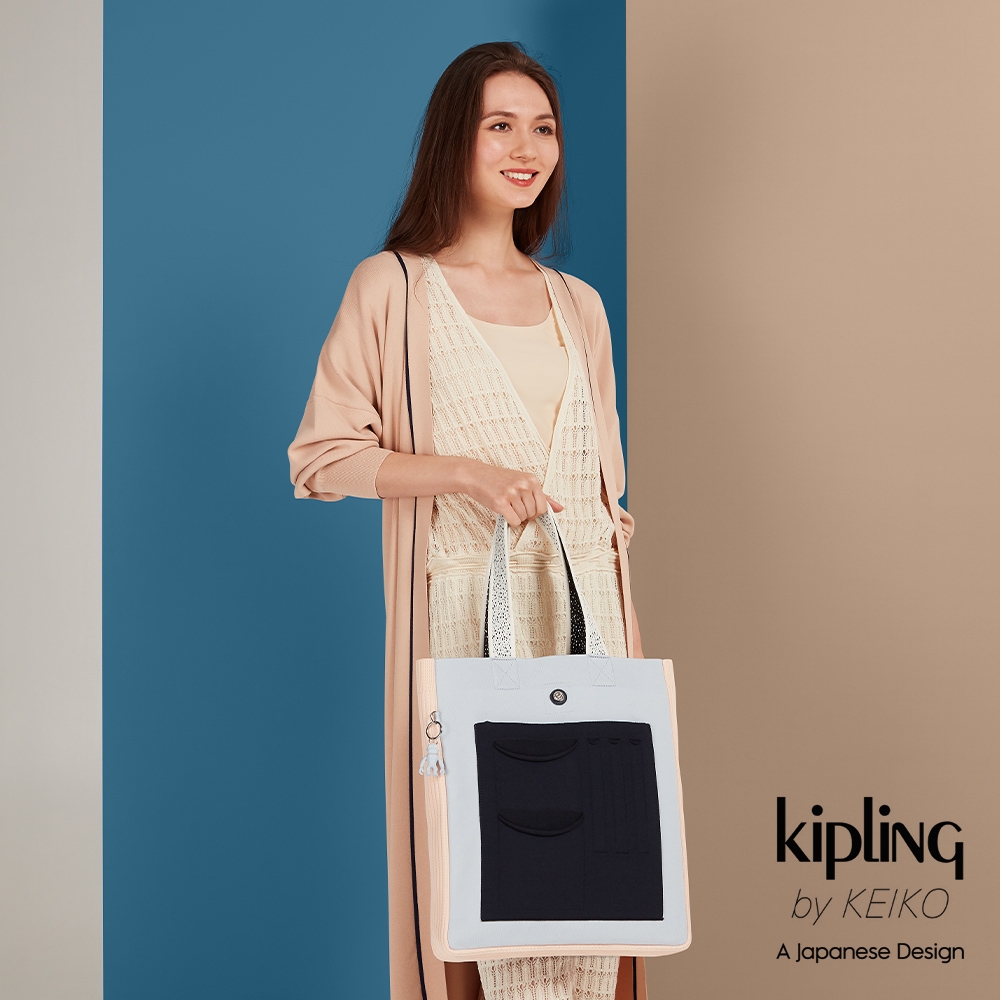 Kipling By Keiko 簡約灰佐溫柔粉橘中型手提袋-ADAO