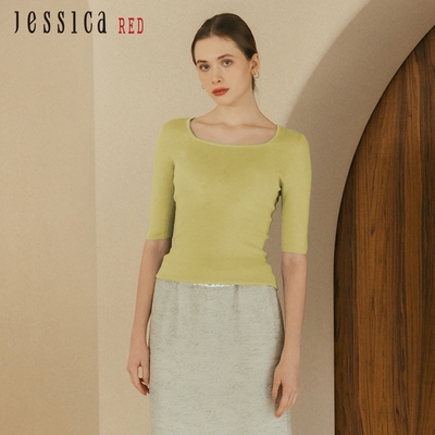 JESSICA RED - 簡約百搭羊毛混紡方領短袖針織衫82415A（黃）