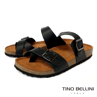 TINO BELLINI 男款 牛皮簡約金屬調節環釦舒適涼拖鞋HM0O006