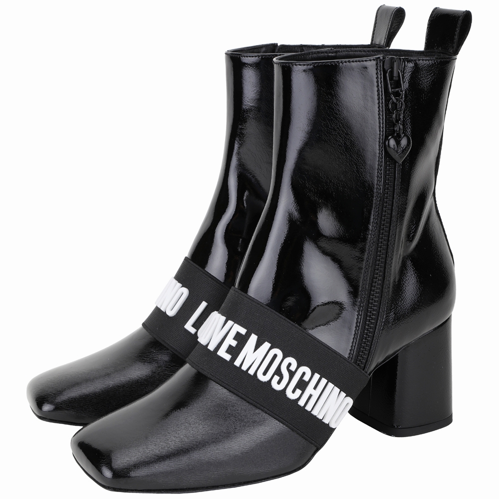 LOVE MOSCHINO 立體字母織帶亮皮高跟中筒靴(黑色)