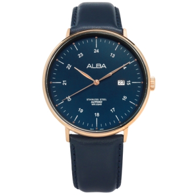 ALBA 極致簡約 藍寶石水晶玻璃 日期 日本機芯 真皮手錶-深藍x玫瑰金框/44mm