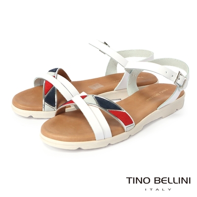 Tino Bellini 西班牙進口撞色交叉造型牛皮平底涼鞋-白