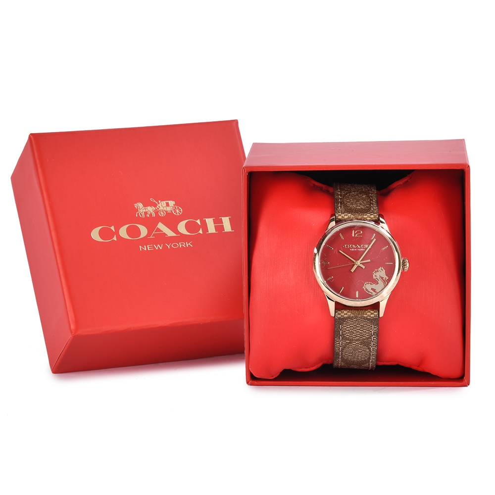 COACH 龍年限定款 Ruby 經典滿版LOGO時尚手錶(32mm)-咖啡/紅色