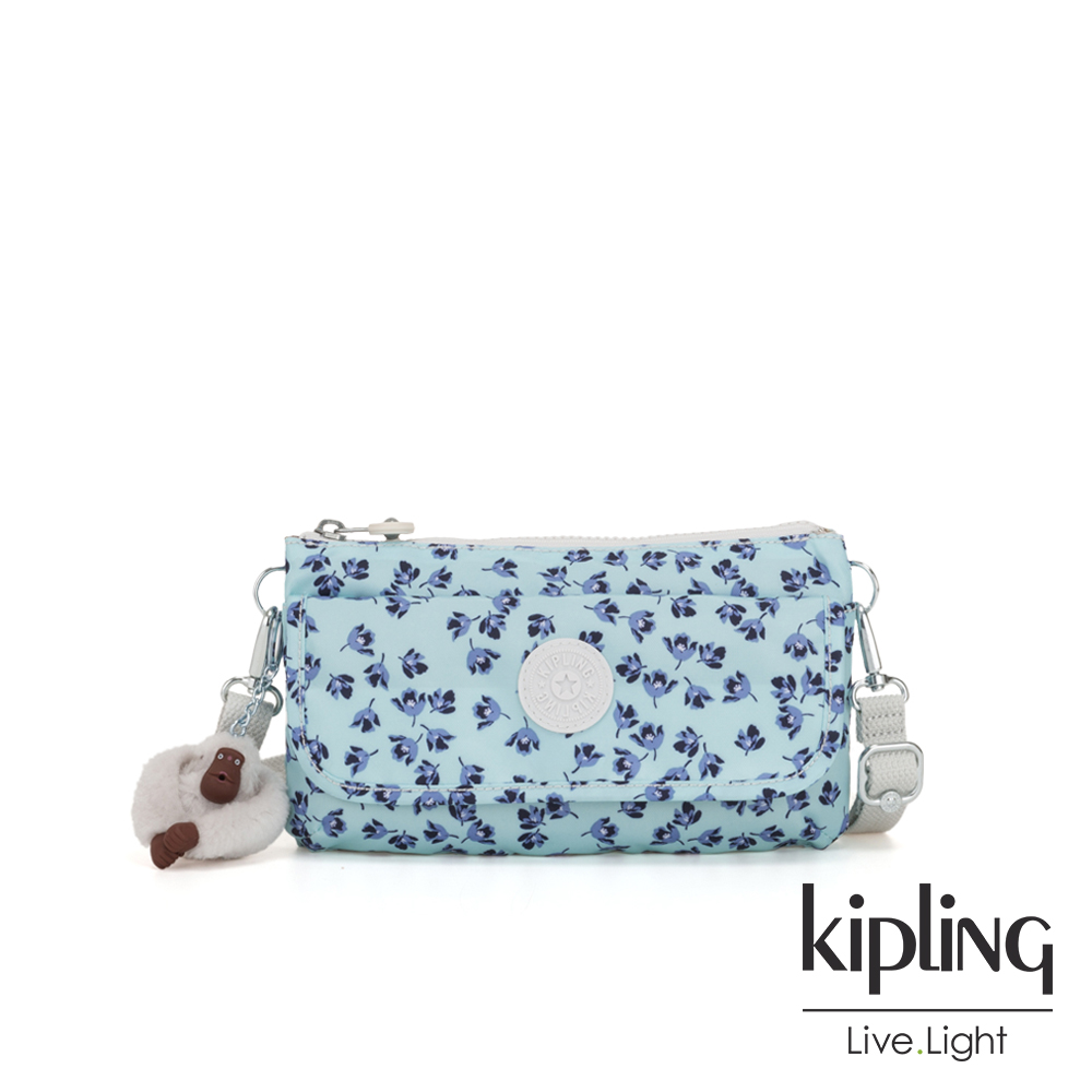 Kipling 典雅淡藍小花翻蓋肩背側背包-VECKA STRAP