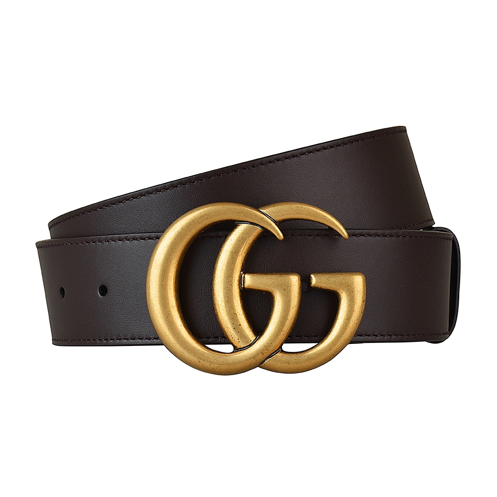 GUCCI 雙G LOGO仿舊銅釦設計牛皮釦式皮帶(咖啡黑)