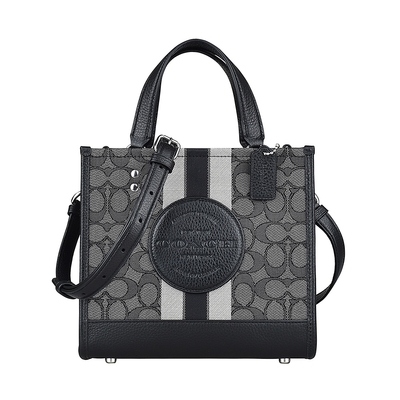 COACH DEMPSEY TOTE 22圓標LOGO緹花帆布拼接牛皮磁釦式手提斜背托特包(黑)