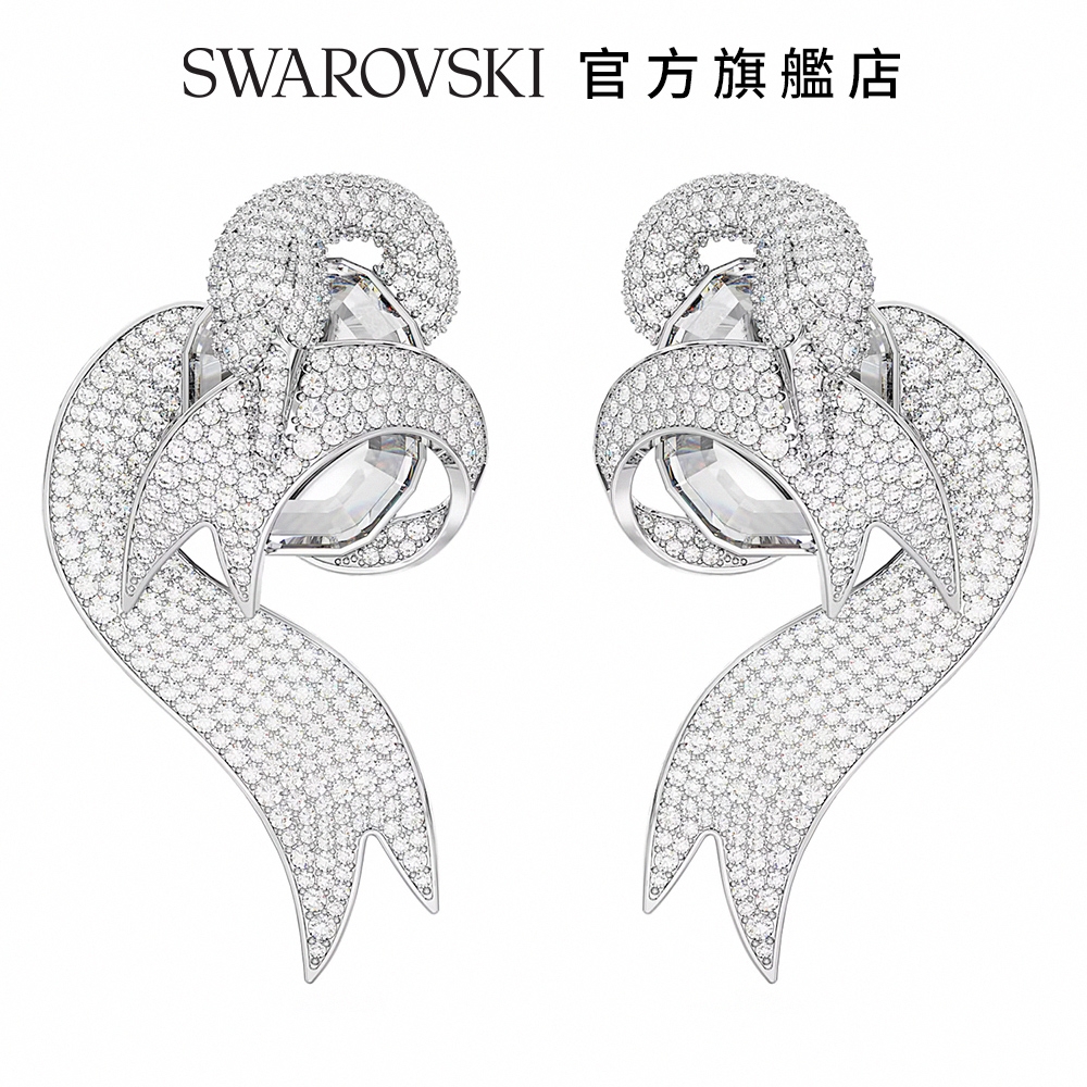 SWAROVSKI 施華洛世奇 Fashion Swan 夾式耳環 非對稱設計, 天鵝, 白色, 鍍白金色