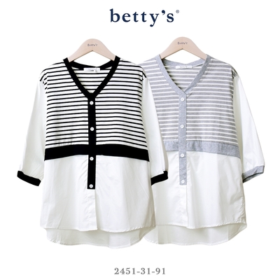 betty’s專櫃款 假兩件條紋拼接排釦V領上衣(共二色)