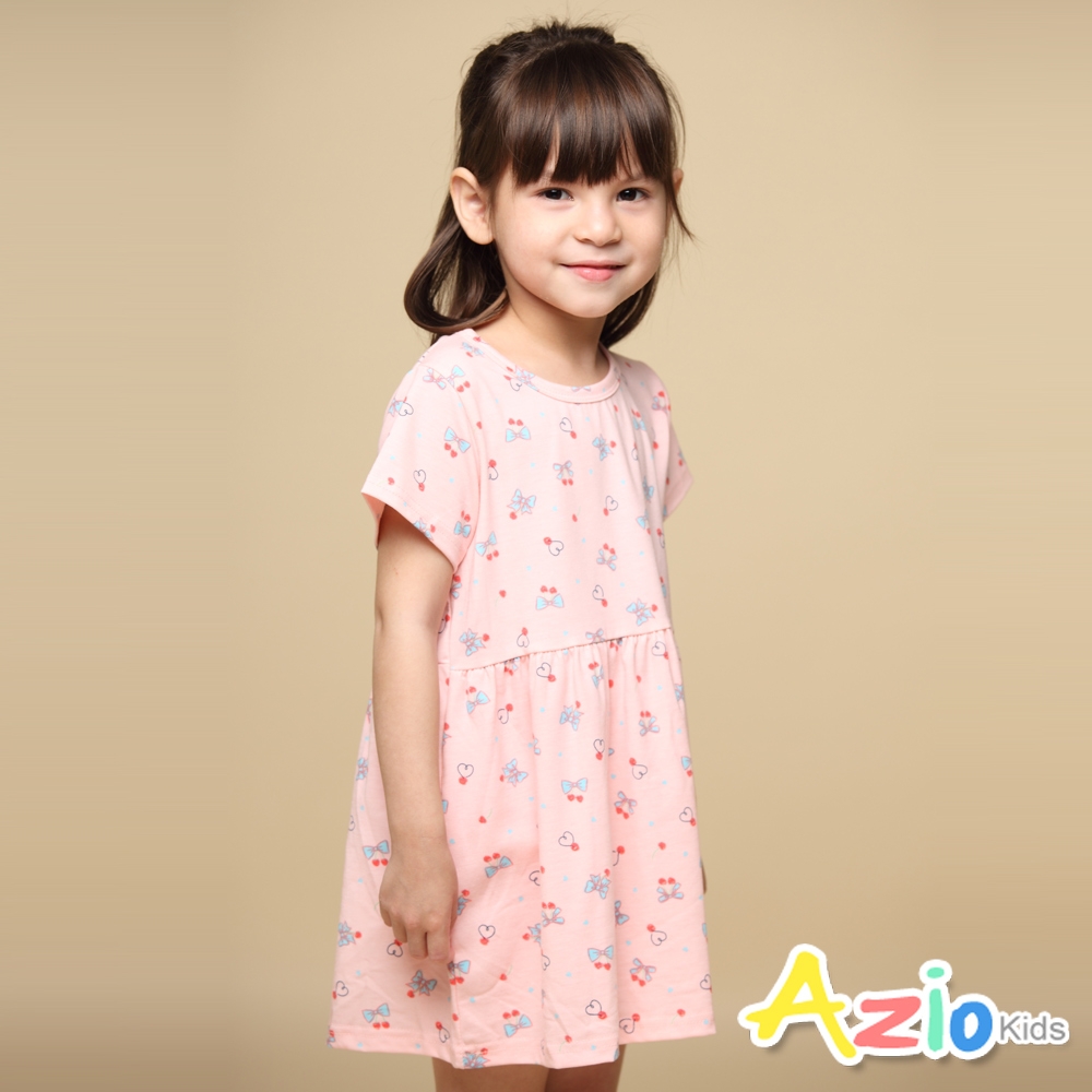 Azio kids美國派 女童 洋裝 滿版愛心蝴蝶結印花棉質短袖洋裝(粉)