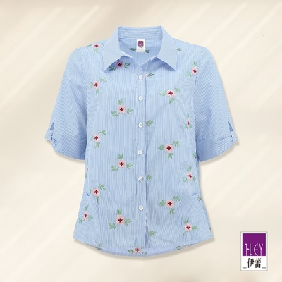 ILEY伊蕾 輕甜花卉刺繡排釦條紋棉質上衣(淺藍色；M-XL)1222031510