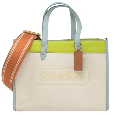 COACH FIELD TOTE 30 經典大logo拼色寬背帶兩用托特包(淺綠/米)