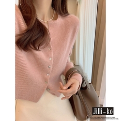 JILLI-KO 法式復古慵懶風針織開衫女圓領長袖上衣- 粉紅/藍/杏