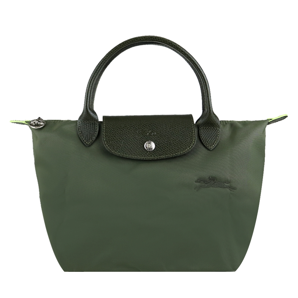 LONGCHAMP LE PLIAGE GREEN系列刺繡短把再生尼龍摺疊水餃包(小/森林綠)