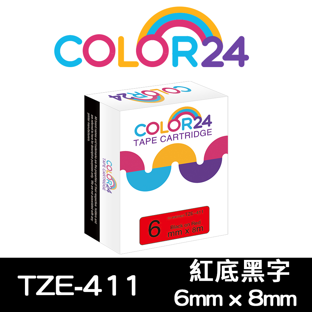 Color24 for Brother TZe-411 紅底黑字相容標籤帶(寬度6mm)