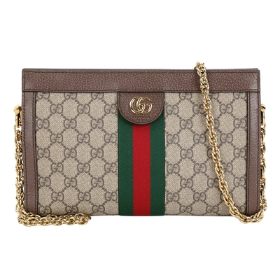 【GUCCI 古馳】503877 經典Ophidia系列GG LOGO織帶皮革磁釦手拿/斜背包