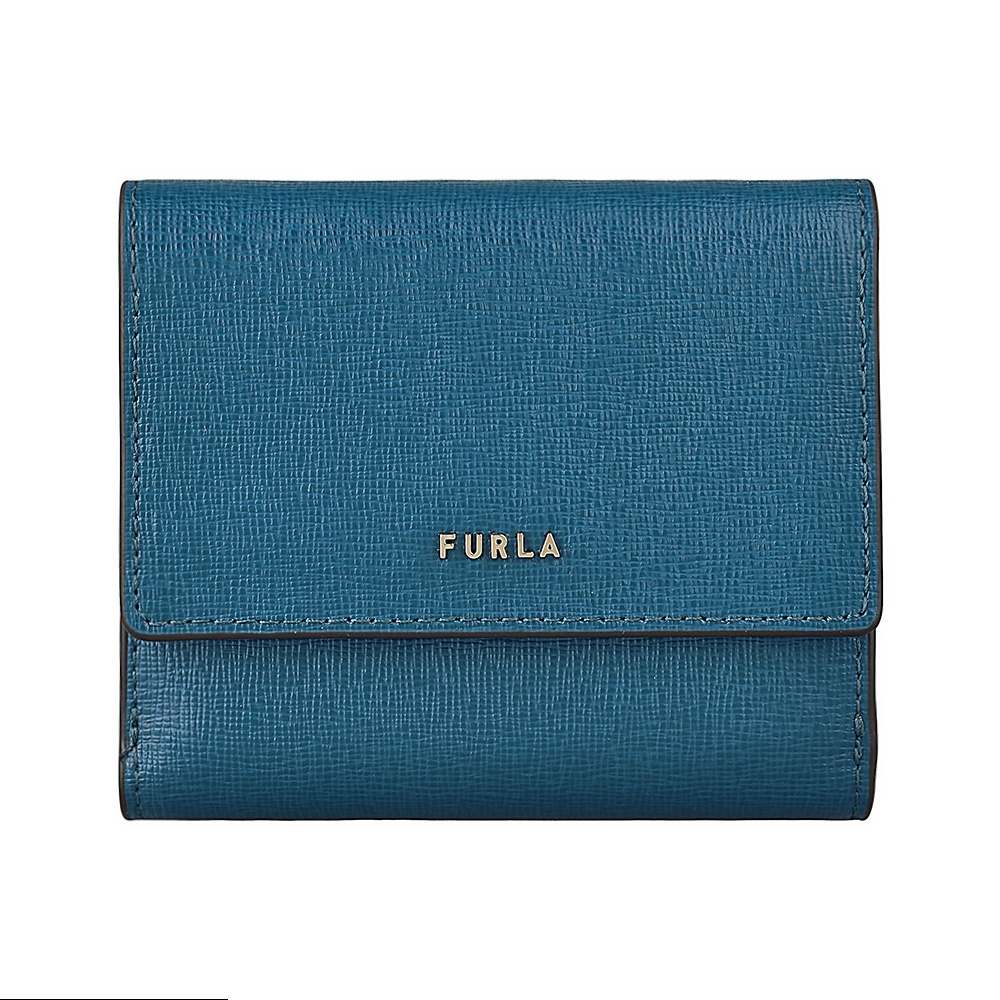 FURLA BABYLON金字LOGO十字紋防刮牛皮6卡扣式對折短夾(孔雀藍x芭蕾粉)