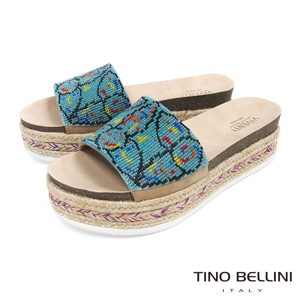Tino Bellini 巴西進口異國風情繽紛珠飾麻編厚底涼拖鞋 _ 圖騰