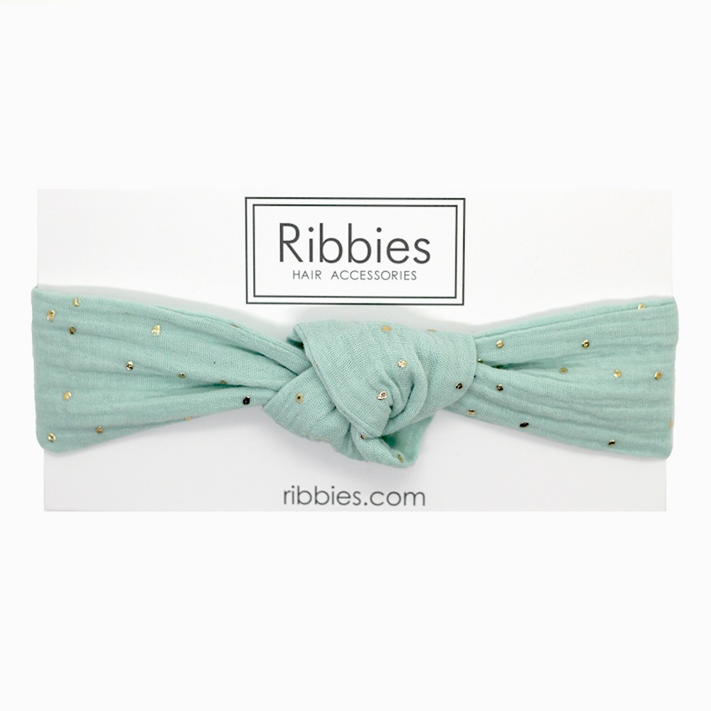 英國Ribbies成人寬版扭結髮帶-薄荷綠金點點