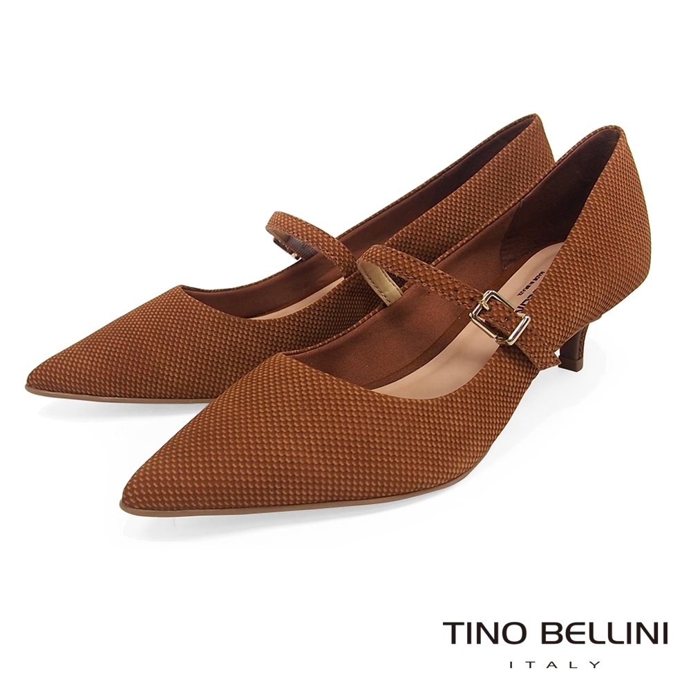 Tino Bellini巴西進口牛皮壓紋瑪莉珍低跟鞋_棕