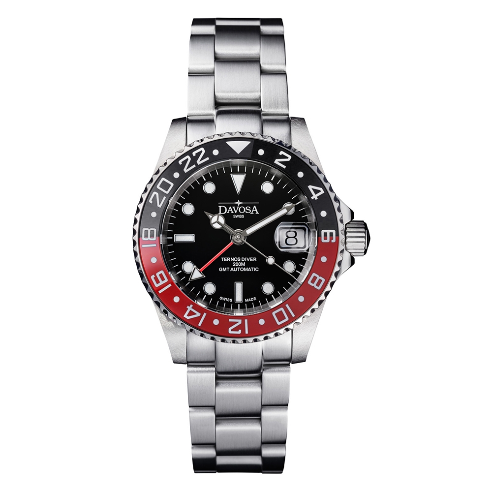DAVOSA 161.590.90 40mm TT GMT 雙時區潛水專用?錶-黑紅雙色/潛水鋼帶款