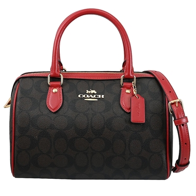 COACH Rowan Satchel Bag 經典C LOGO印花兩用波士頓包(深咖/紅)