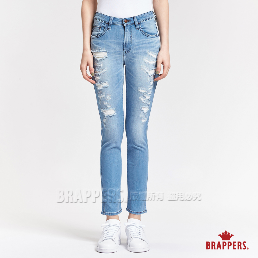 BRAPPERS 女款 BoyFriend系列-女用彈性不規則補丁九分褲-淺藍