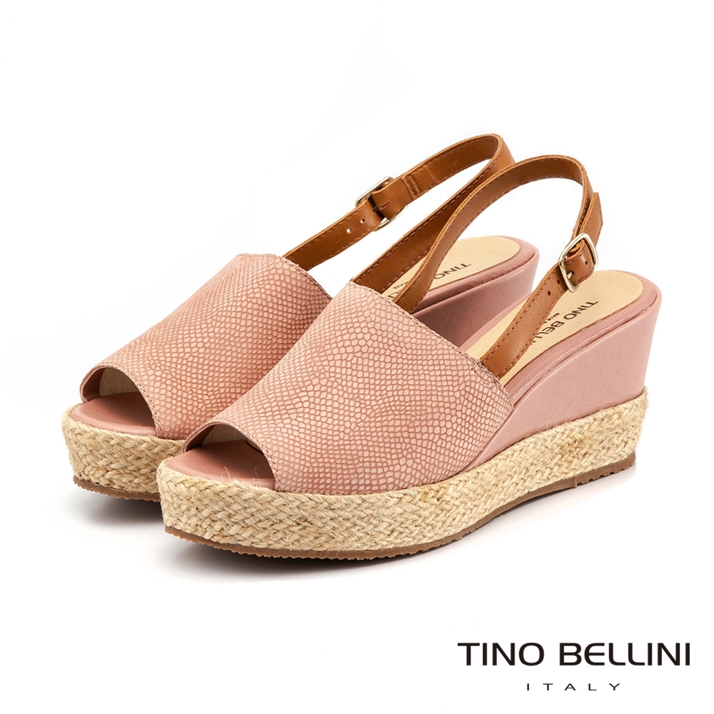 Tino Bellini巴西進口蛇紋魚口麻編楔型涼鞋_粉