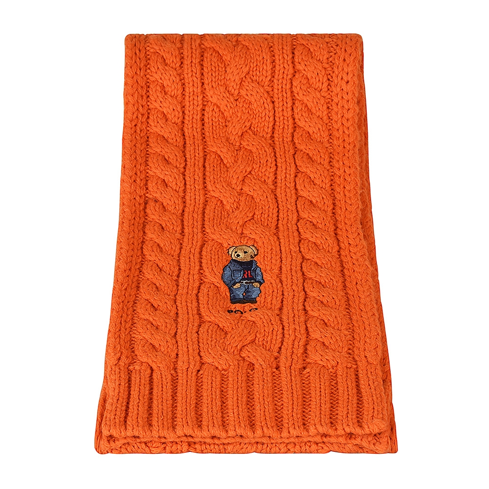 POLO RALPH LAUREN泰迪熊刺繡LOGO羊毛/聚酯纖維混紡麻花針織圍巾(橘)