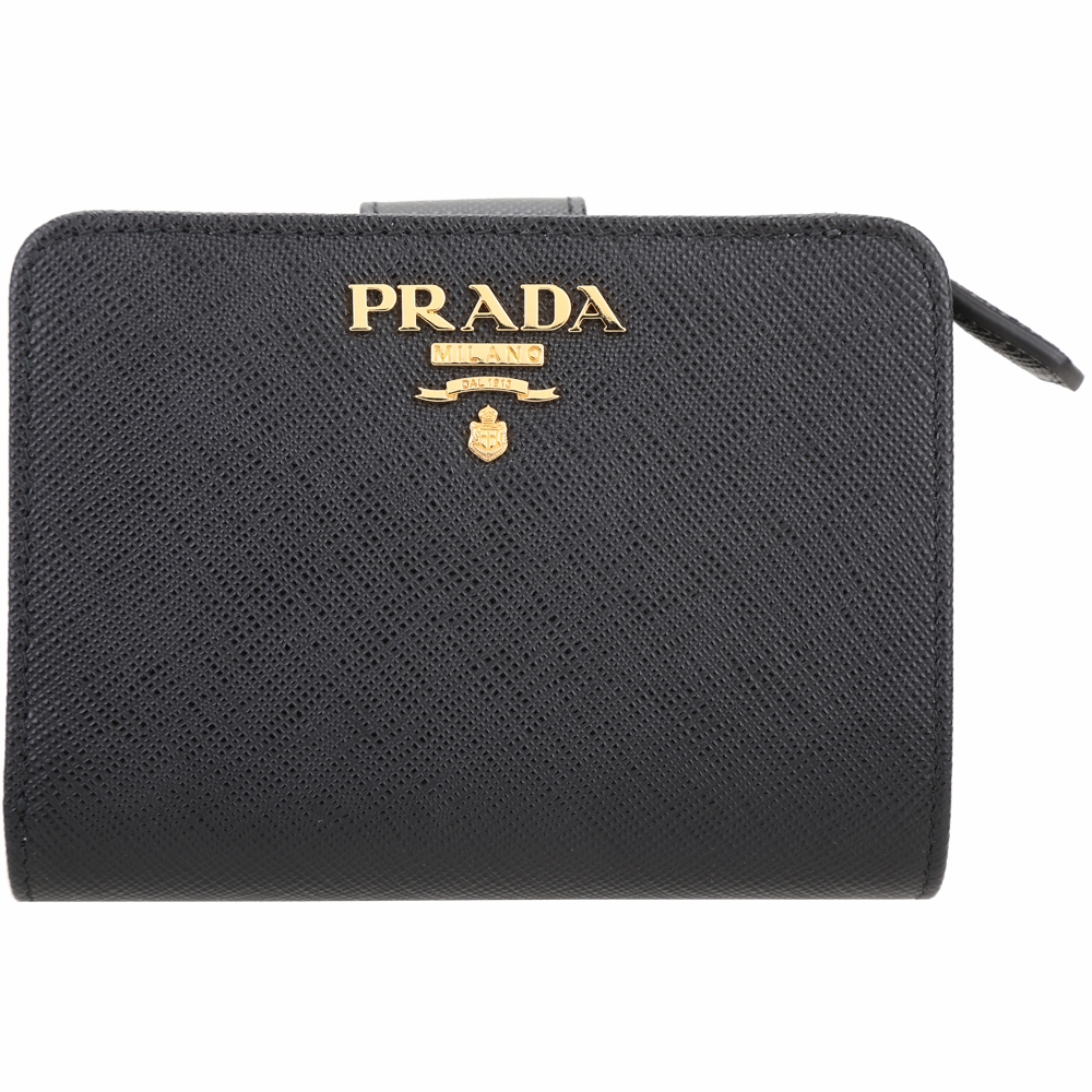 PRADA Saffiano 金字浮刻防刮牛皮6卡對折短夾(黑色)