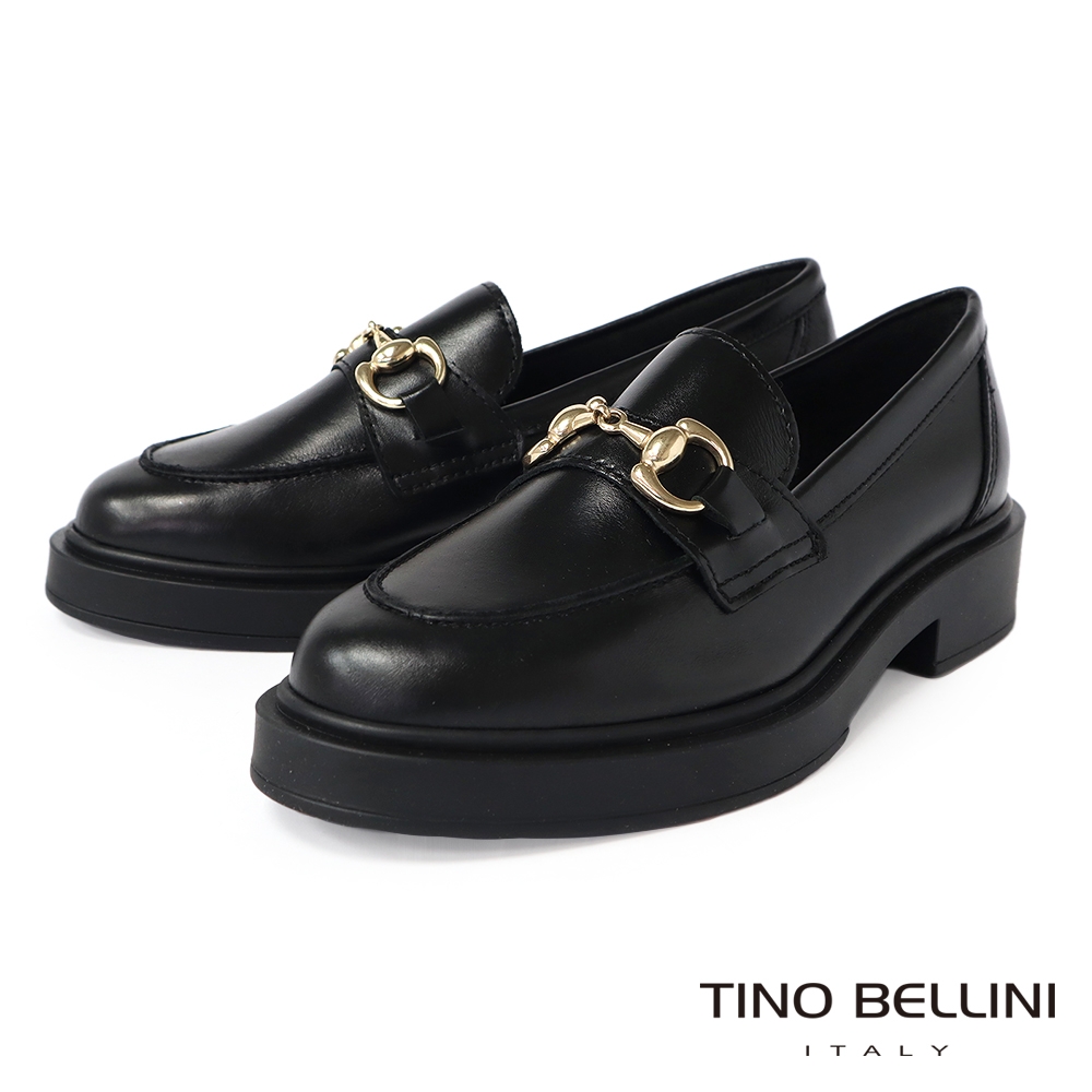 Tino Bellini 義大利進口牛皮馬銜釦厚底樂福鞋FZLO004A-黑